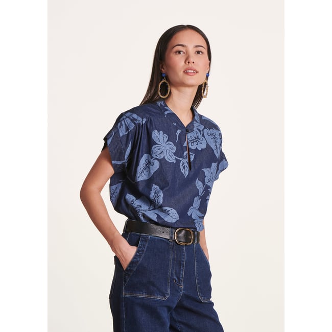 Top en chambray de coton à imprimé floral brut <span itemprop=