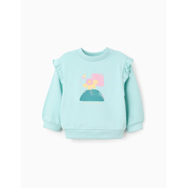 Sweat en coton avec imprimé floral et volants bleu clair <span itemprop=