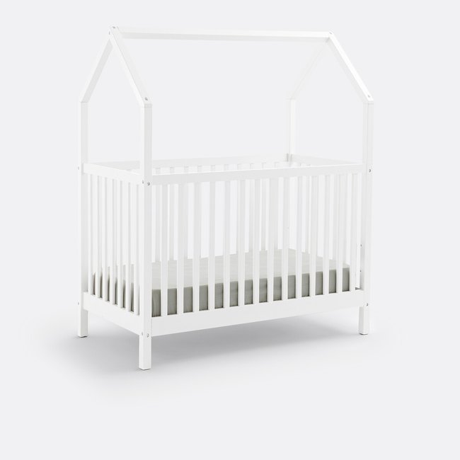 Babybett Hütte mit Gitterstäben aus massiver Kiefer, Spidou weiss <span itemprop=