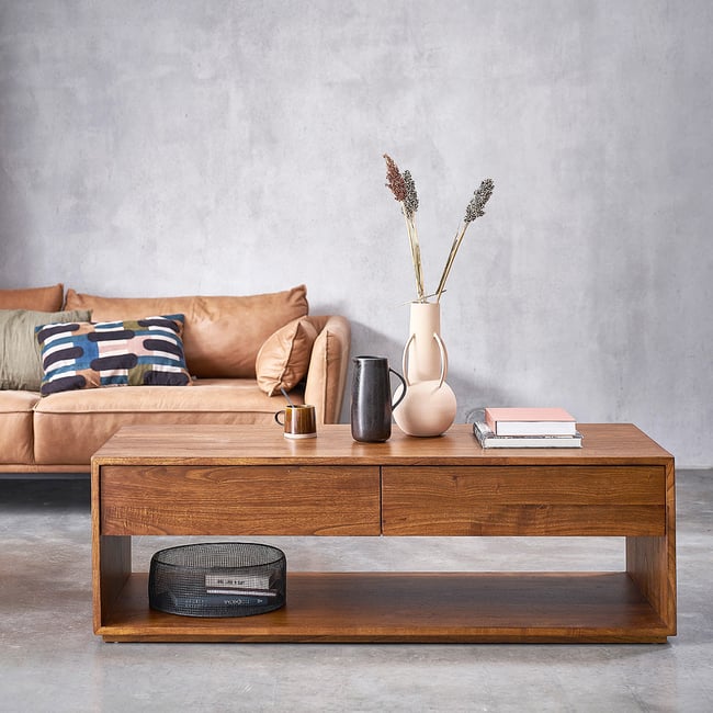 Table basse en bois massif 140 cm 4 tiroirs  MILO - BERAH GETAH