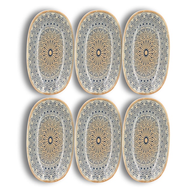 Lot de 6 assiettes ovales en porcelaine, BYZANCE Couleur blanc-bleu-marron <span itemprop=