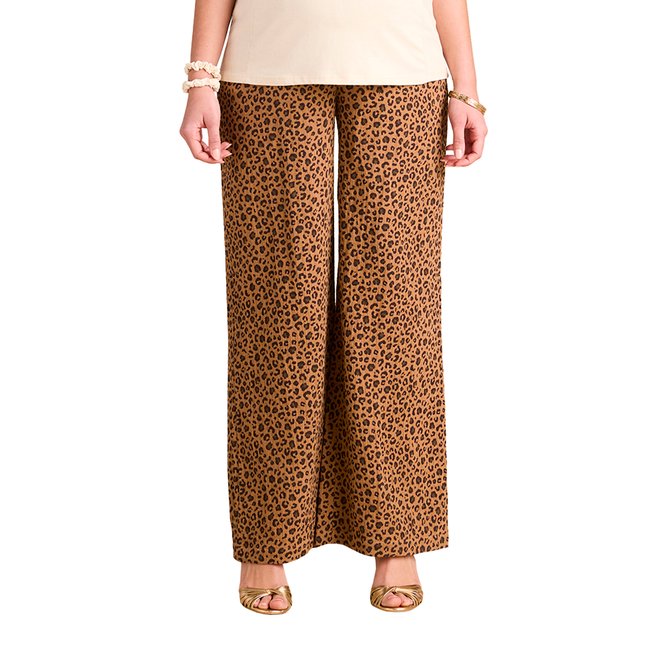 Pantalon large léopard grossesse en gaze de coton beige <span itemprop=
