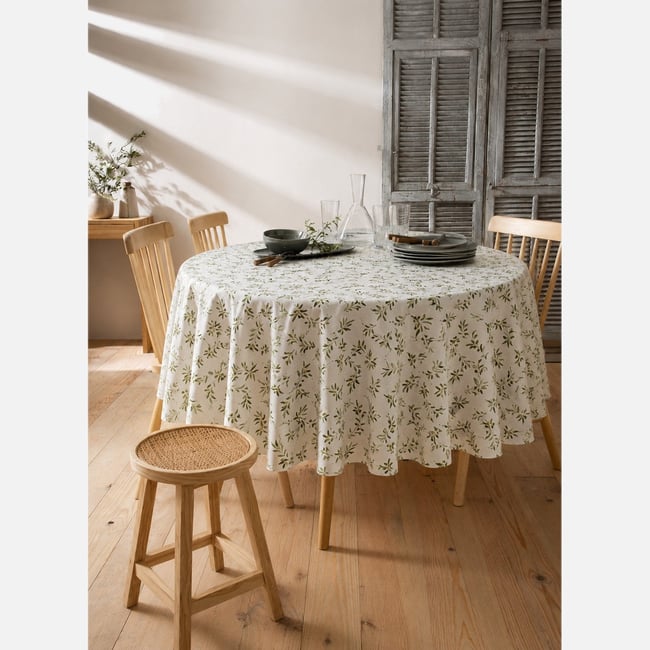 Nappe ronde imprimée en coton et lin OLIVES vert <span itemprop=