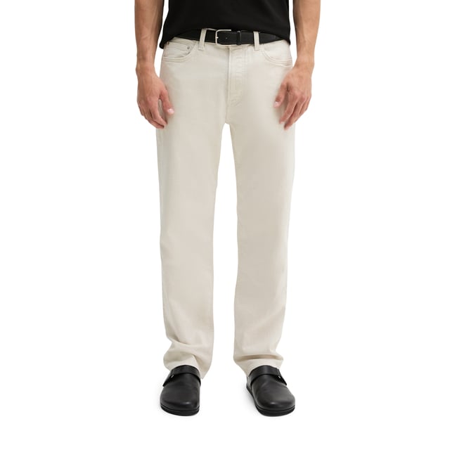 Jeans modèle Kalmo droit en coton bio et en lin blanc <span itemprop=