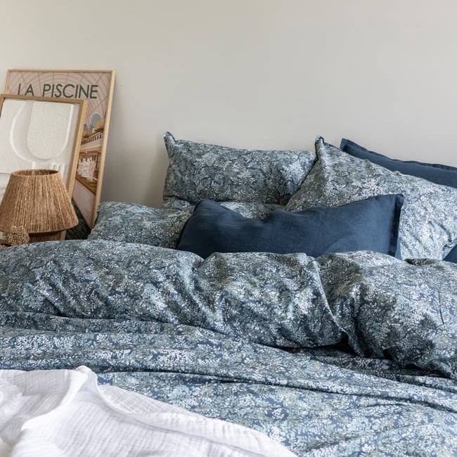 Housse de couette en percale de coton, BRUME bleu nuit/céladon <span itemprop=