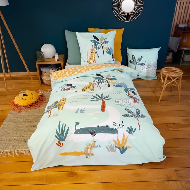 Parure de lit enfant Coton Jugle Mania vert <span itemprop=
