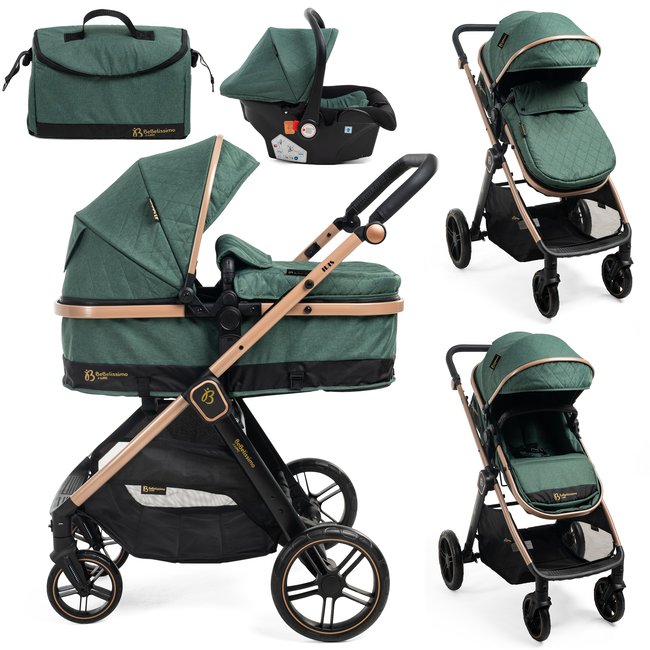 BEBELISSIMO - Poussette combinée trio 3 en 1 - siège auto 0+ IRIS – nacelle – dès la naissance – jusqu’à 22kg  - vert vert <span itemprop=