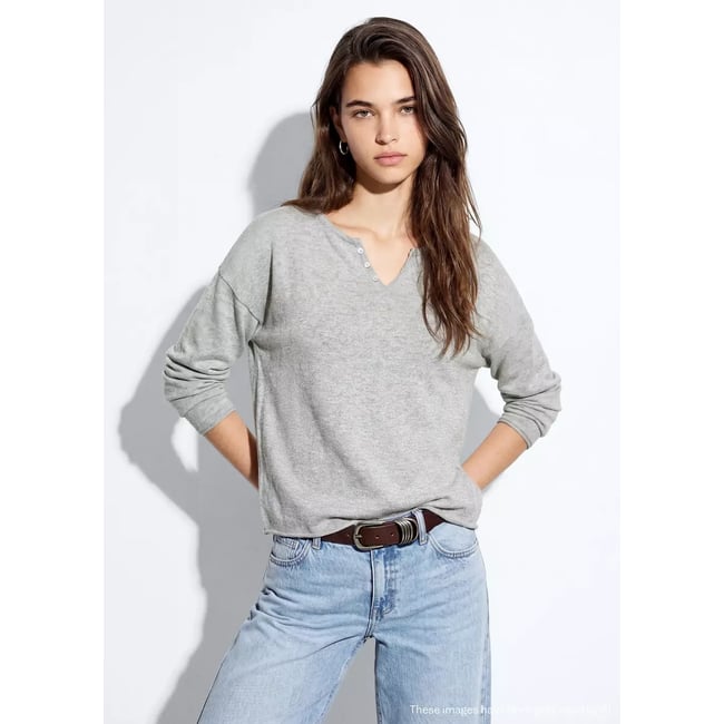 Pull-over maille col en V gris chiné moyen <span itemprop=