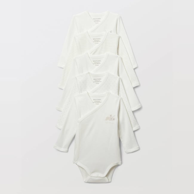 Lot de 5 bodies croisés manches longues imprimé en coton BIO GOTS ecru <span itemprop=