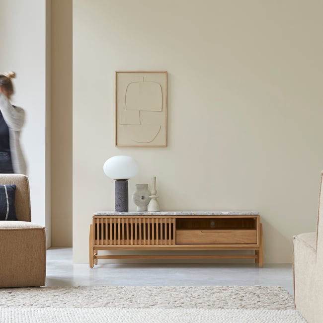 Meuble Hi-FI, TV en Teck massif, ISAURE Couleur naturel <span itemprop=