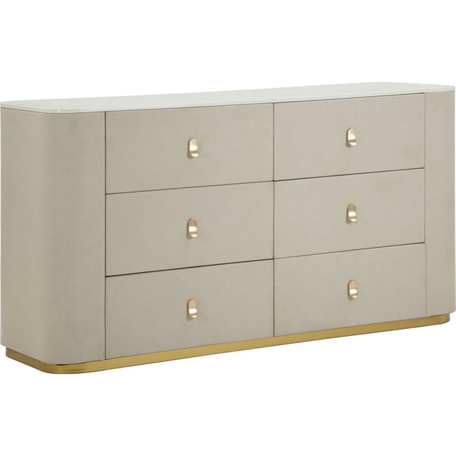Commode 6 tiroirs en pin socle en métal GLAM Couleur crème et doré <span itemprop=