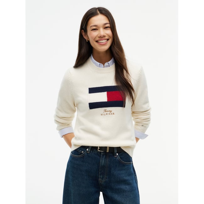 Pull col rond avec logo, 90% laine 10% cachemire  ivoire <span itemprop=