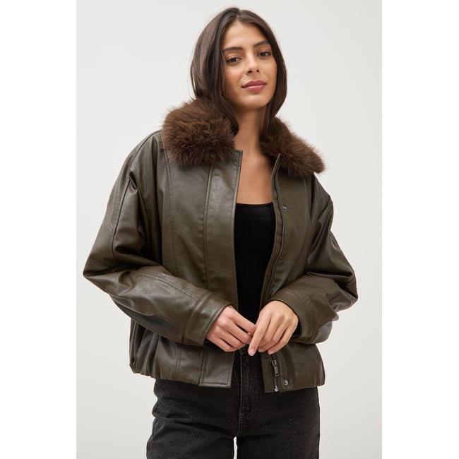Blouson oversize manches longues vert olive <span itemprop=