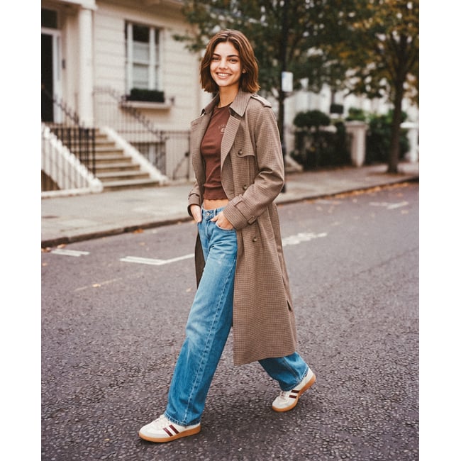 Trench-coat à micro-carreaux pied-de-poule brun micro <span itemprop=