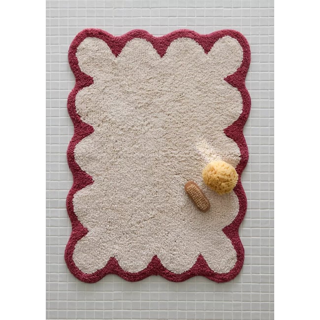 Tapis de salle de bain en coton à bord ondulé contrasté corail <span itemprop=