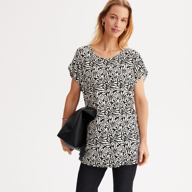 Bluse mit rundem Ausschnitt, kurzen Ärmeln und Grafik-Print schwarz/weiß bedruckt <span itemprop=