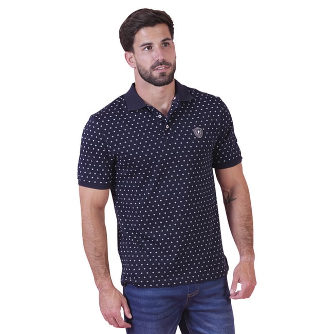 Polo en coton marine à motifs pourvu d'une coupe droite et d'un col boutonné bleu foncé <span itemprop=