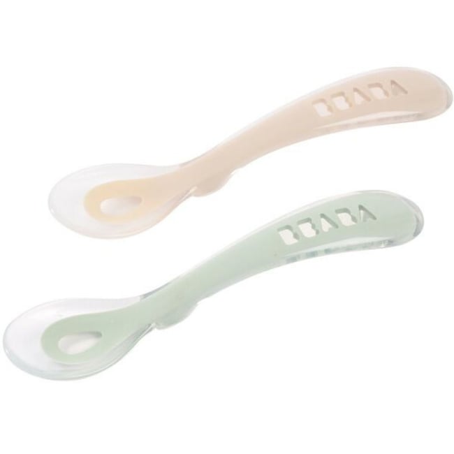 Lot de 2 cuillères silicone 2ème âge Couleur argile, vert de gris <span itemprop=