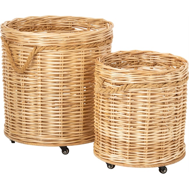 Lot de 2 cache-pots ronds rotin sur roues Couleur naturel <span itemprop=