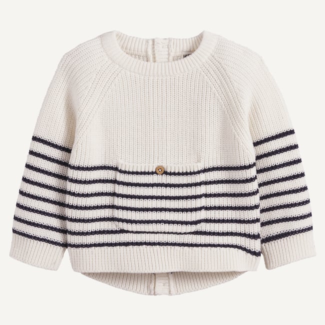 Pull col rond en grosse maille, boutonné dos rayé bleu <span itemprop=