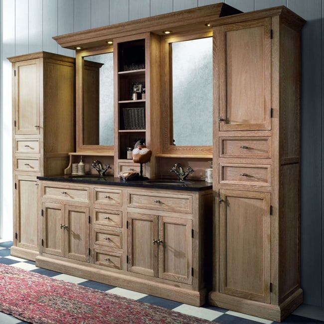 Meuble de salle de bain double vasque + 2 colonnes (ensemble) - VERONE Couleur bois clair <span itemprop=