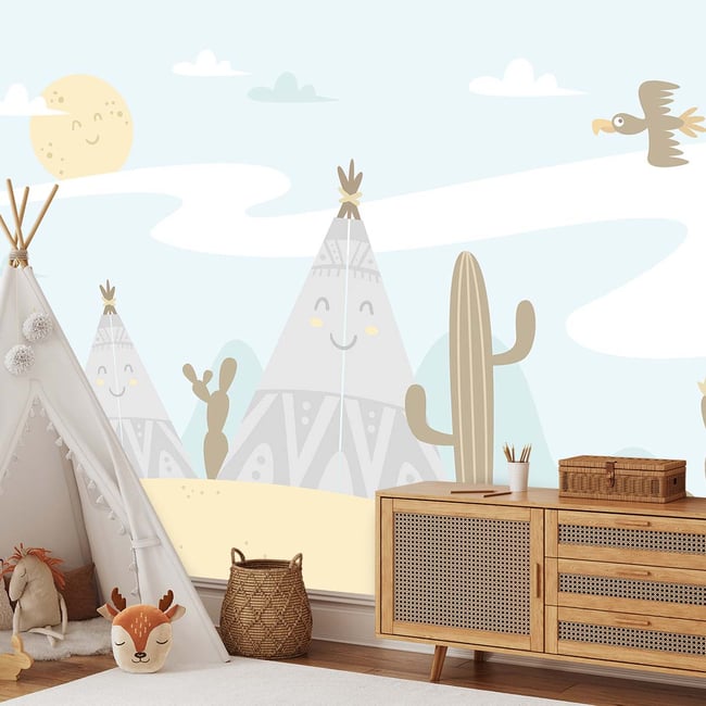 Papier peint enfant tipis et cactus Couleur intissé <span itemprop=
