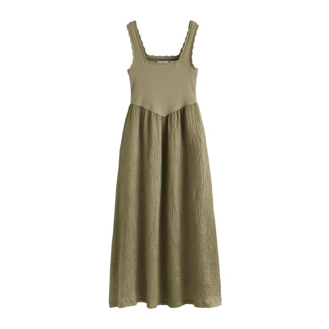 Robe mi-longue en jersey tissé mélangé vert kaki <span itemprop=