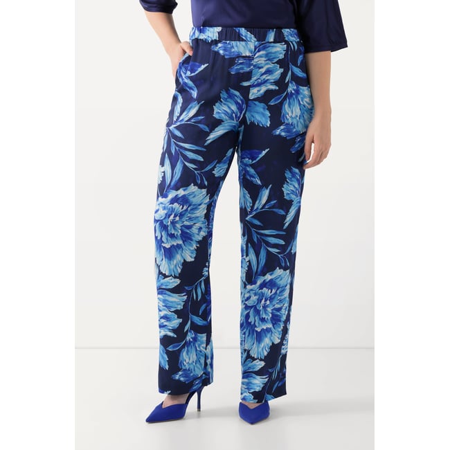 Pantalon en satin à imprimé floral bleu encre <span itemprop=