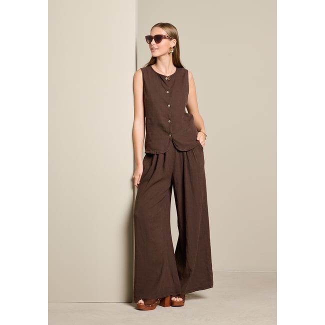 Gilet sans manches smocké brun fonce chocolate <span itemprop=
