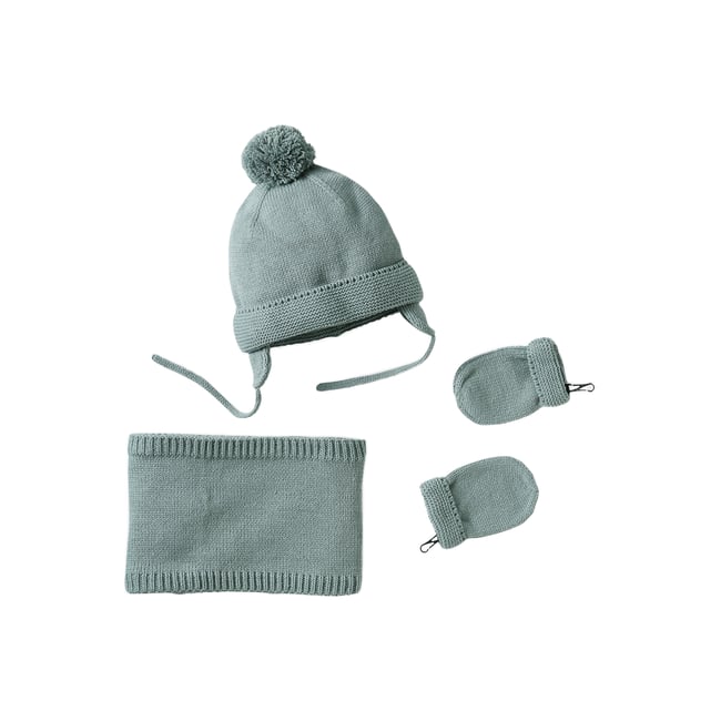 Ensemble bonnet + snood + moufles BASICS vert d'eau <span itemprop=