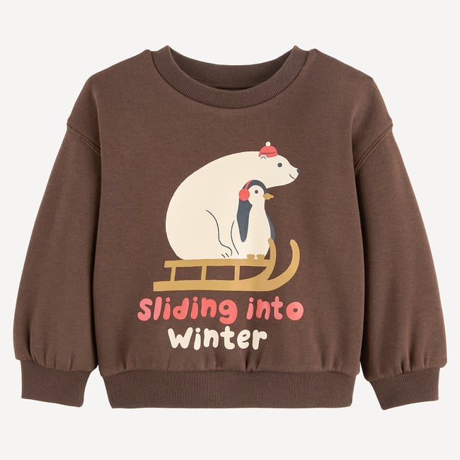 Sweat col rond, imprimé ours polaire et manchot, en molleton marron <span itemprop=