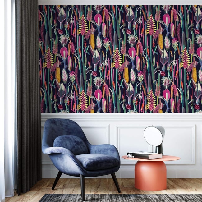Papier peint botanique et moderne avec plantes et fleurs - 425x260 cm (l x h) Couleur bleu <span itemprop=