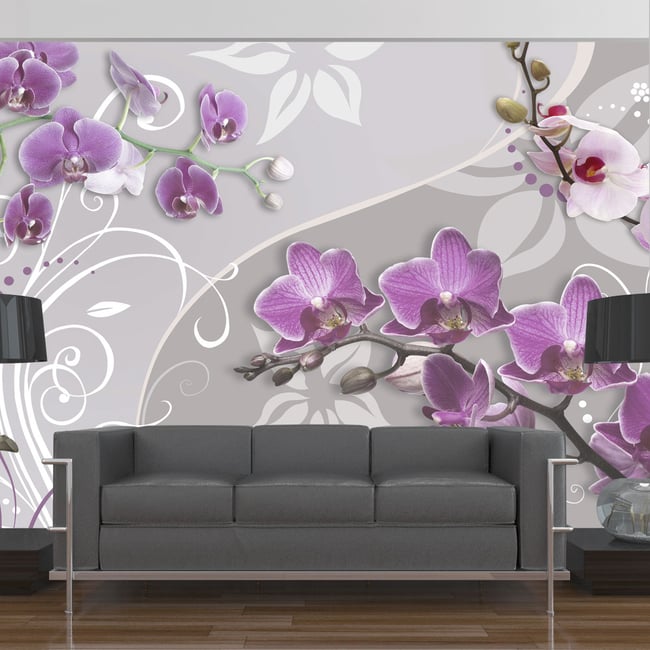 Papier peint intissé panoramique Fleurs Flight of purple orchids Couleur gris / argent <span itemprop=