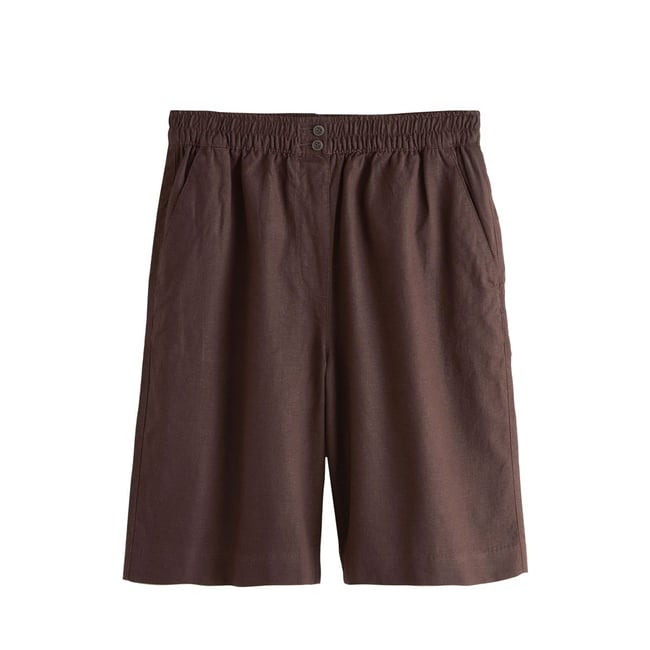 Bermuda en lin mélangé stretch marron chocolat <span itemprop=