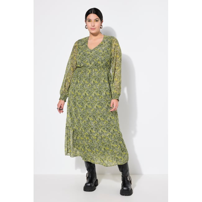 Robe maxi coupe évasée, imprimé à fleurs vert mousse <span itemprop=