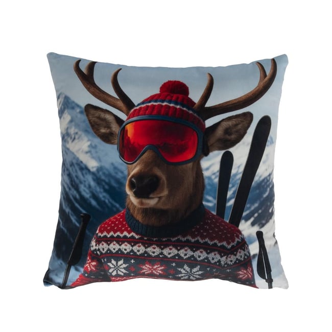 Coussin imprimé cerf au ski 45x45 cm bleu <span itemprop=