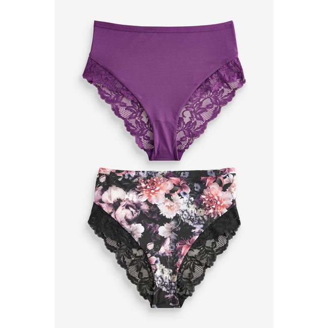 Culottes lot de 2 taille haute avec dentelle imprimé floral/prune <span itemprop=