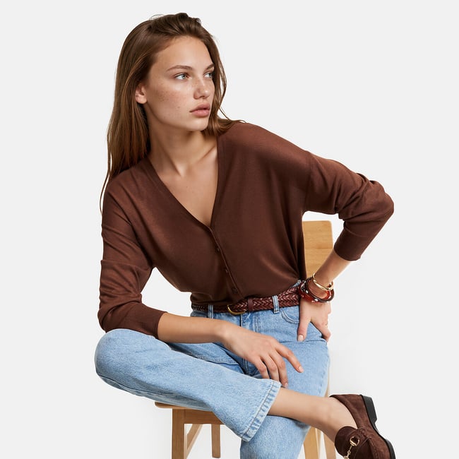 Chaqueta de punto fino con cuello de pico y cierre de botones - LA REDOUTE COLLECTIONS
