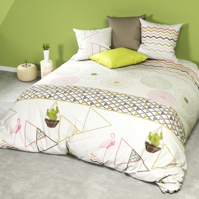 Parure housse de couette imprimée en coton, Cactus blanc <span itemprop=