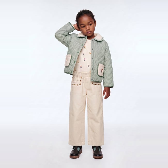 Pantalon twill détails de broderies en coton naturel <span itemprop=