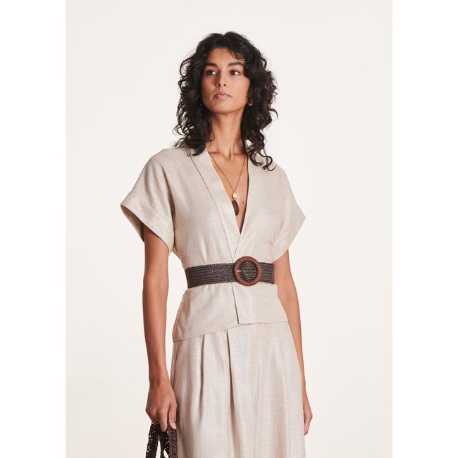 Veste kimono ceinturée en lin viscose gris beige <span itemprop=