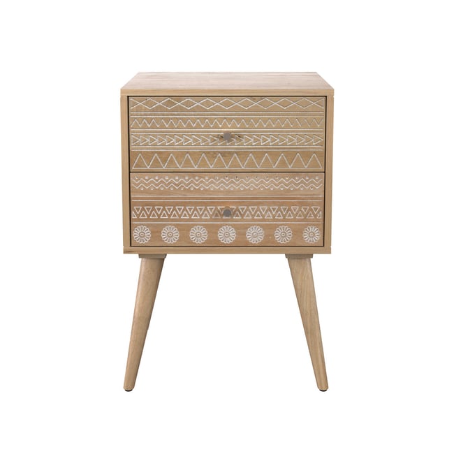 Table de chevet en bois de manguier gravé 2 tiroirs - TINY Couleur bois clair <span itemprop=