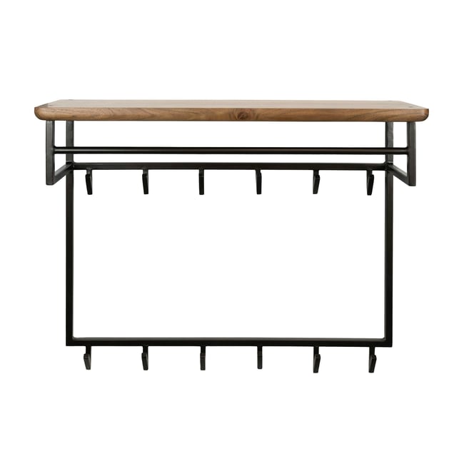 Portemanteau mural 1 étagère bois 1 tringle 12 crochets NAKO Couleur marron <span itemprop=