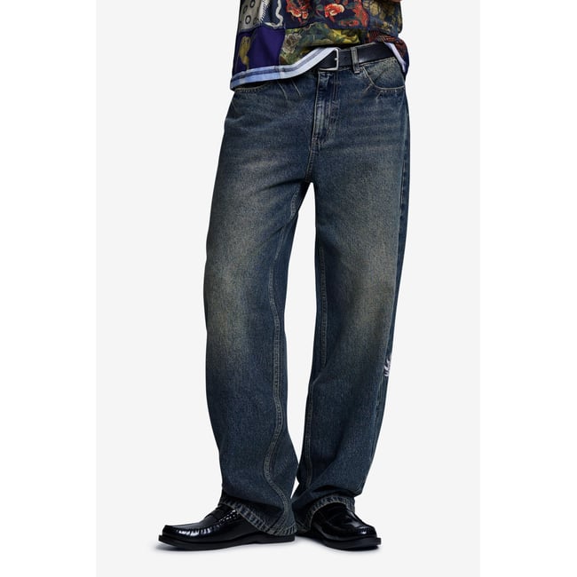 Pantalon en jean brodé bleu <span itemprop=