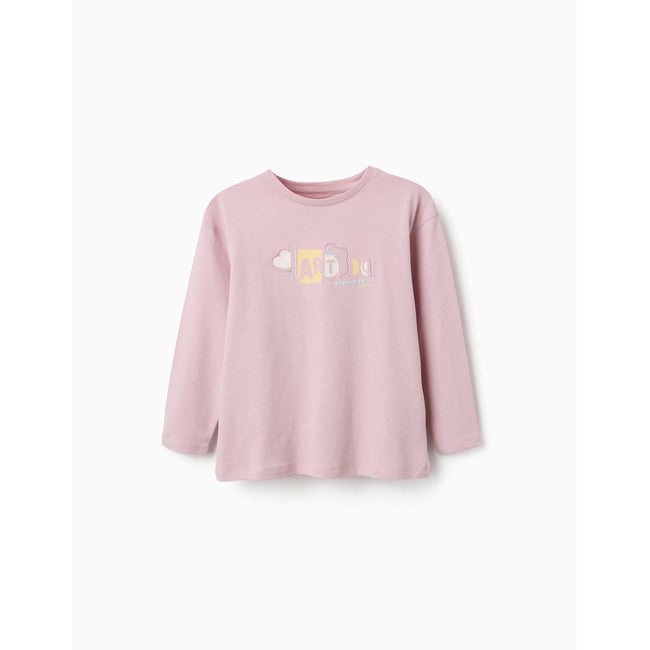 T-shirt en coton à manches longues avec imprimé et volants mauve clair <span itemprop=