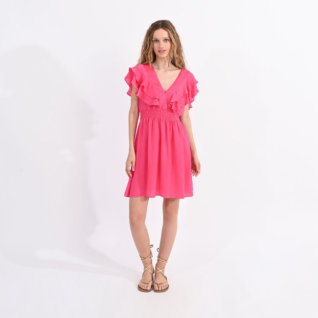 Vestido com decote em V, folho nas mangas fúchsia <span itemprop=