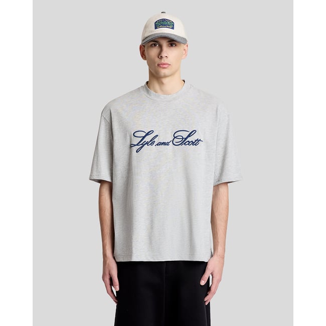 T-shirt logo script col rond gris archive chiné <span itemprop=