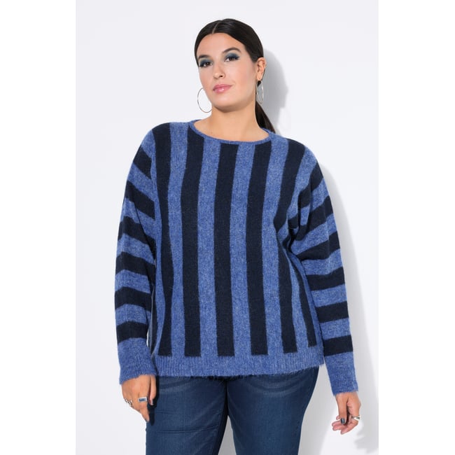 Pull oversize, rayures et manches ballon marine <span itemprop=