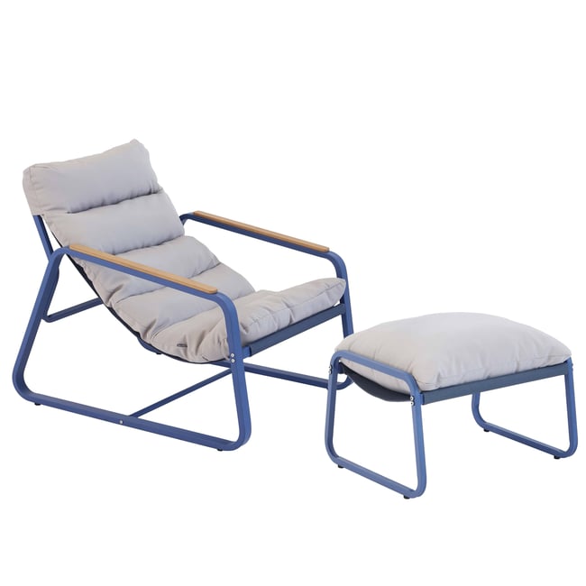 Fauteuil relax en acier et polyester avec repose-pieds bleu pacific <span itemprop=