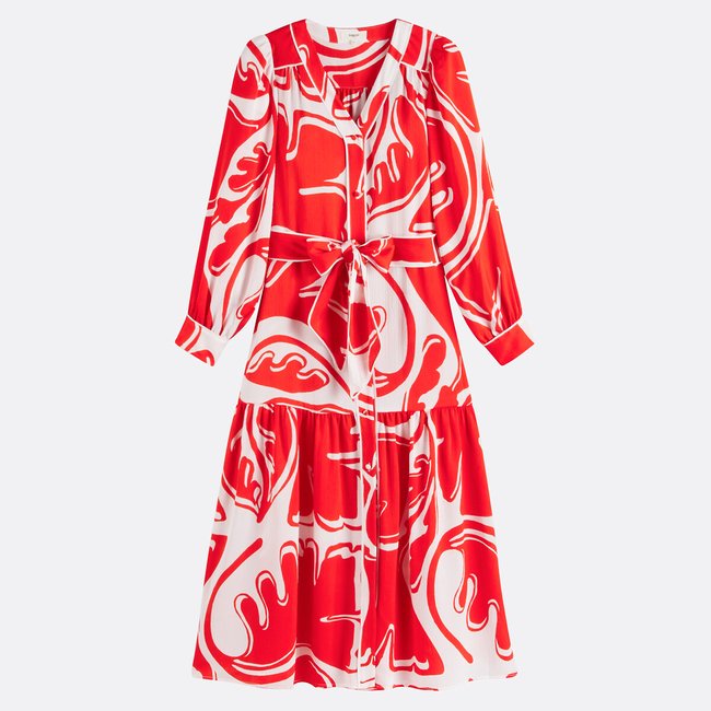 Flowy V-Neck Printed Dress with Belt, CINDIA, red, SUNCOO